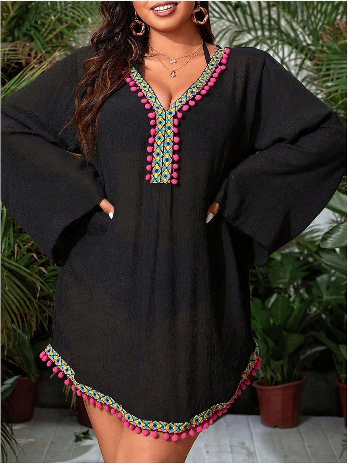 WDIRARA Women's Plus Size Boho Half Sleeve Cover Up V Neck Swimsuit Bikini Beach Dress