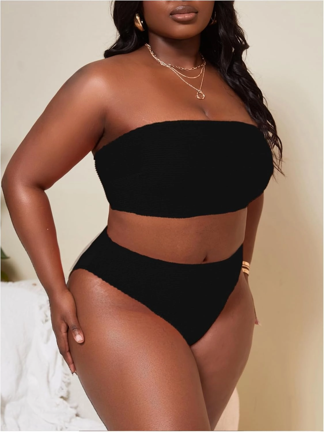 WDIRARA Women's Plus Size Textured Bandeau Bikini 2 Piece Set Summer High Waist Strapless Swimsuit Bathing Suits