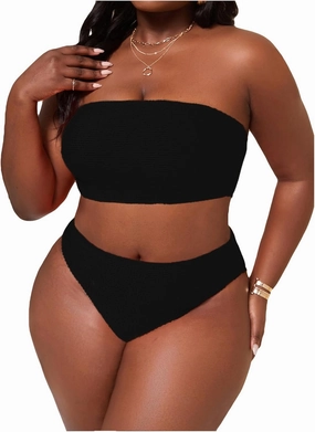 WDIRARA Women's Plus Size Textured Bandeau Bikini 2 Piece Set Summer High Waist Strapless Swimsuit Bathing Suits