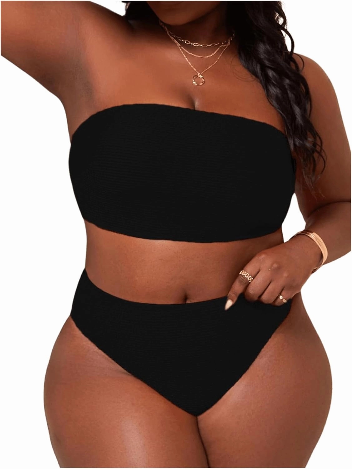 WDIRARA Women's Plus Size Textured Bandeau Bikini 2 Piece Set Summer High Waist Strapless Swimsuit Bathing Suits