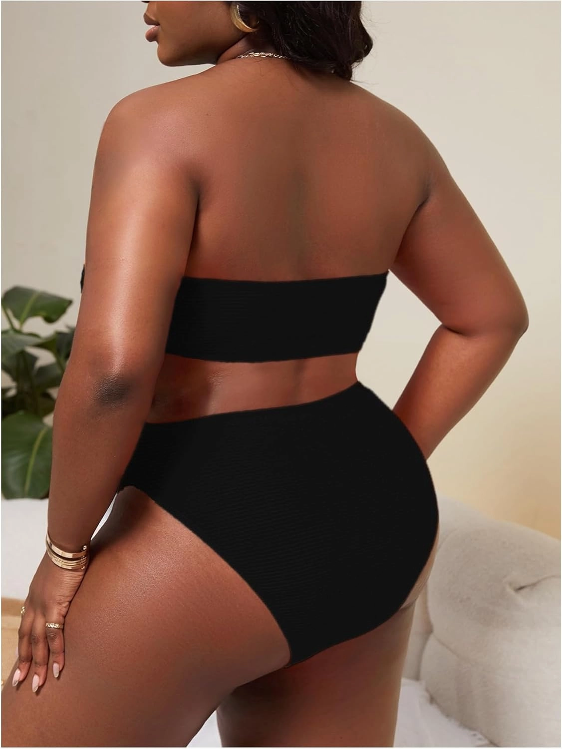 WDIRARA Women's Plus Size Textured Bandeau Bikini 2 Piece Set Summer High Waist Strapless Swimsuit Bathing Suits