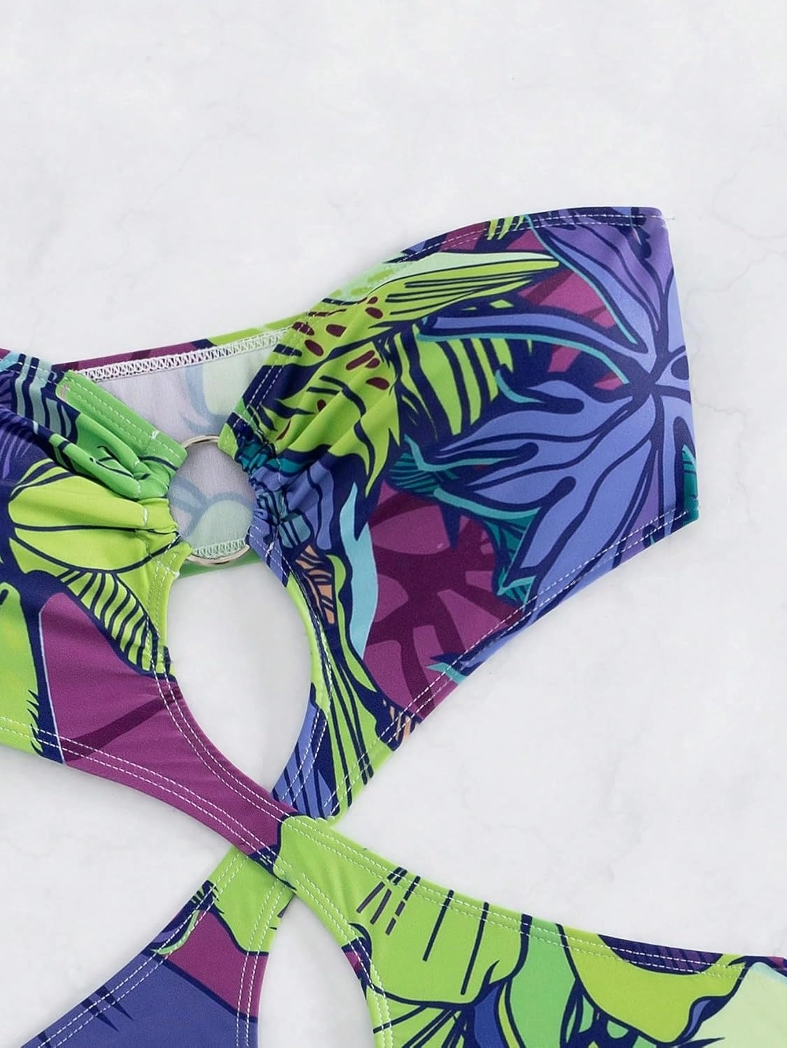 WDIRARA Women's Strapless Cut Out One Piece Swimsuit Tropical Print High Cut Swimsuit
