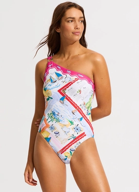 Wish You Were Here One Shoulder One Piece - Fuchsia Rose