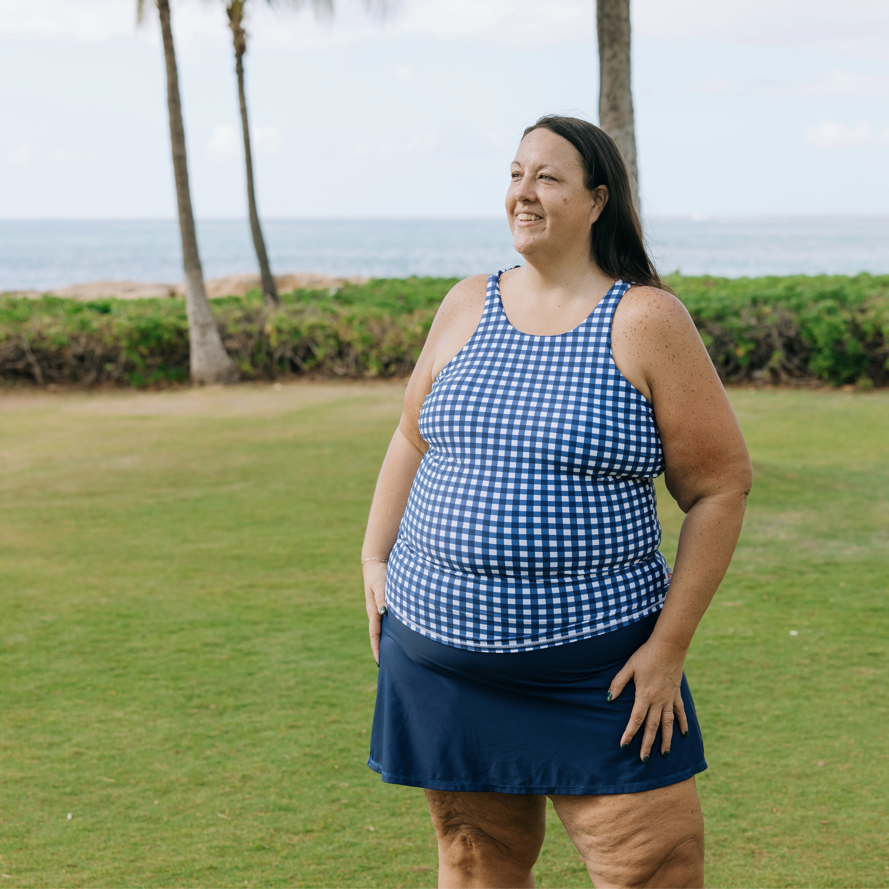 Women???s High Neck Fitted Tankini Top | ???Navy Gingham???