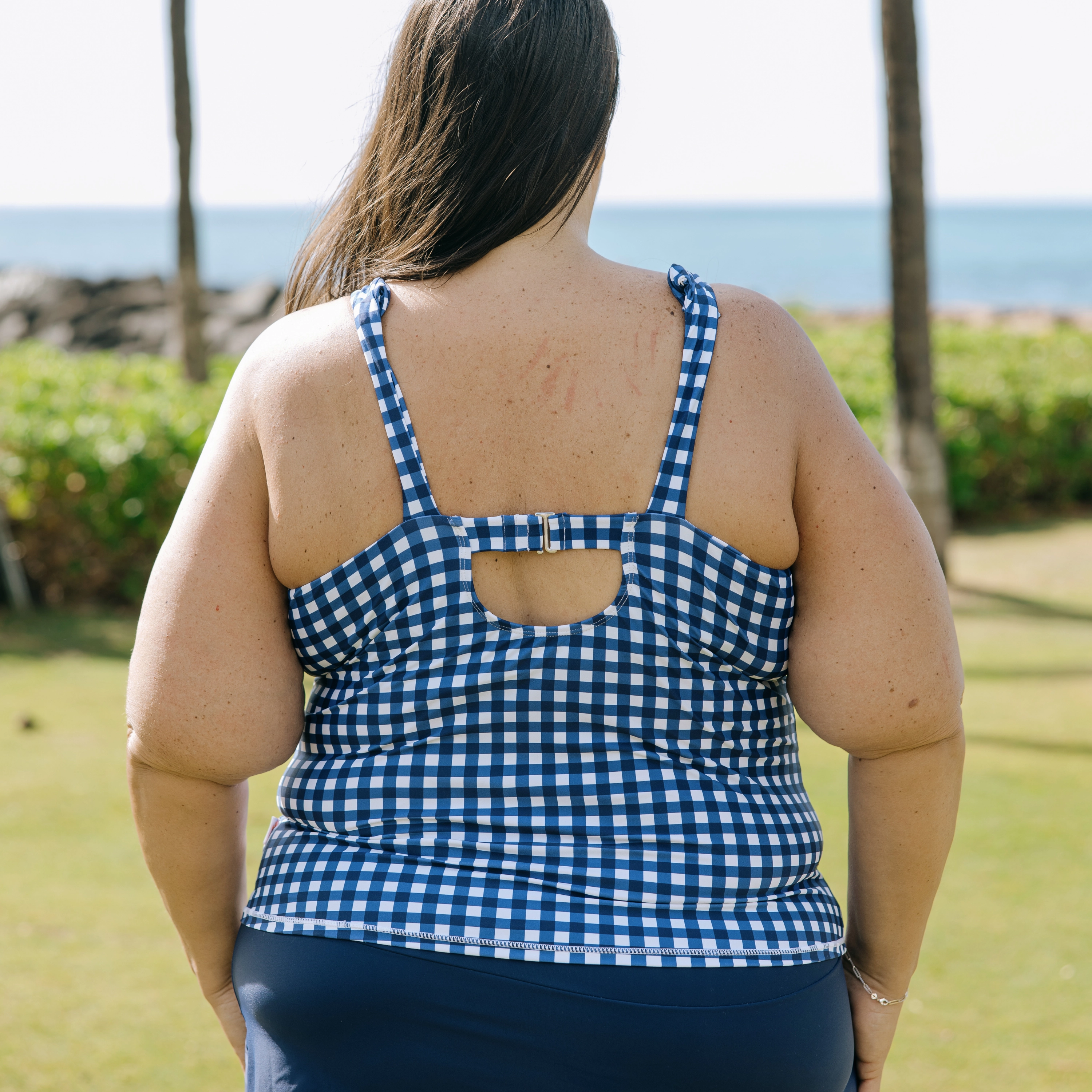 Women???s High Neck Fitted Tankini Top | ???Navy Gingham???