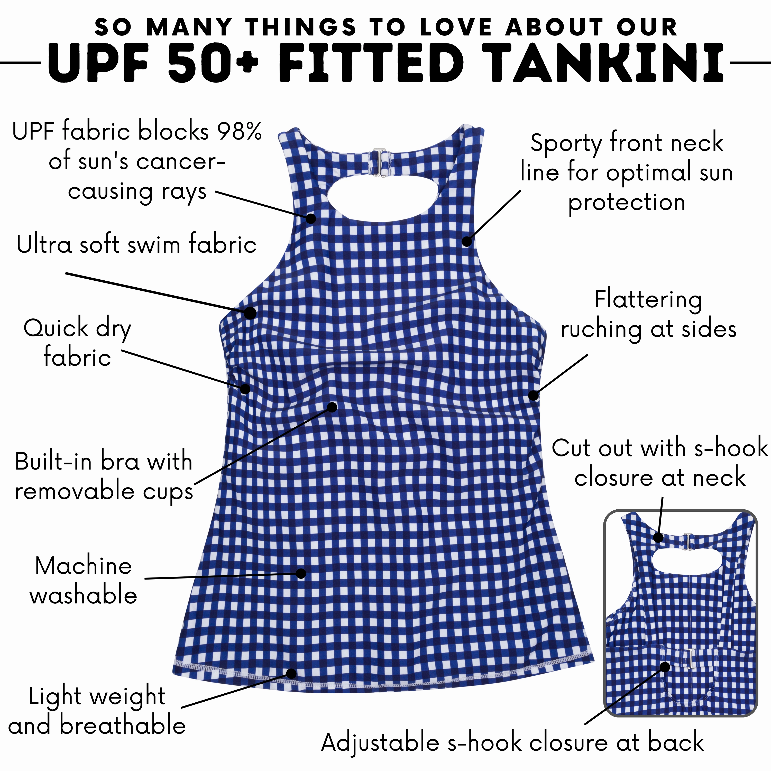 Women???s High Neck Fitted Tankini Top | ???Navy Gingham???