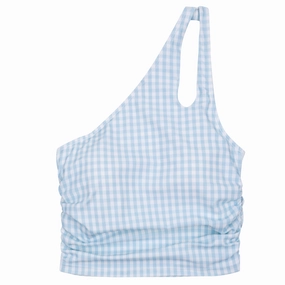 Women???s One Shoulder Crop Tankini Top | ???Blue Gingham???