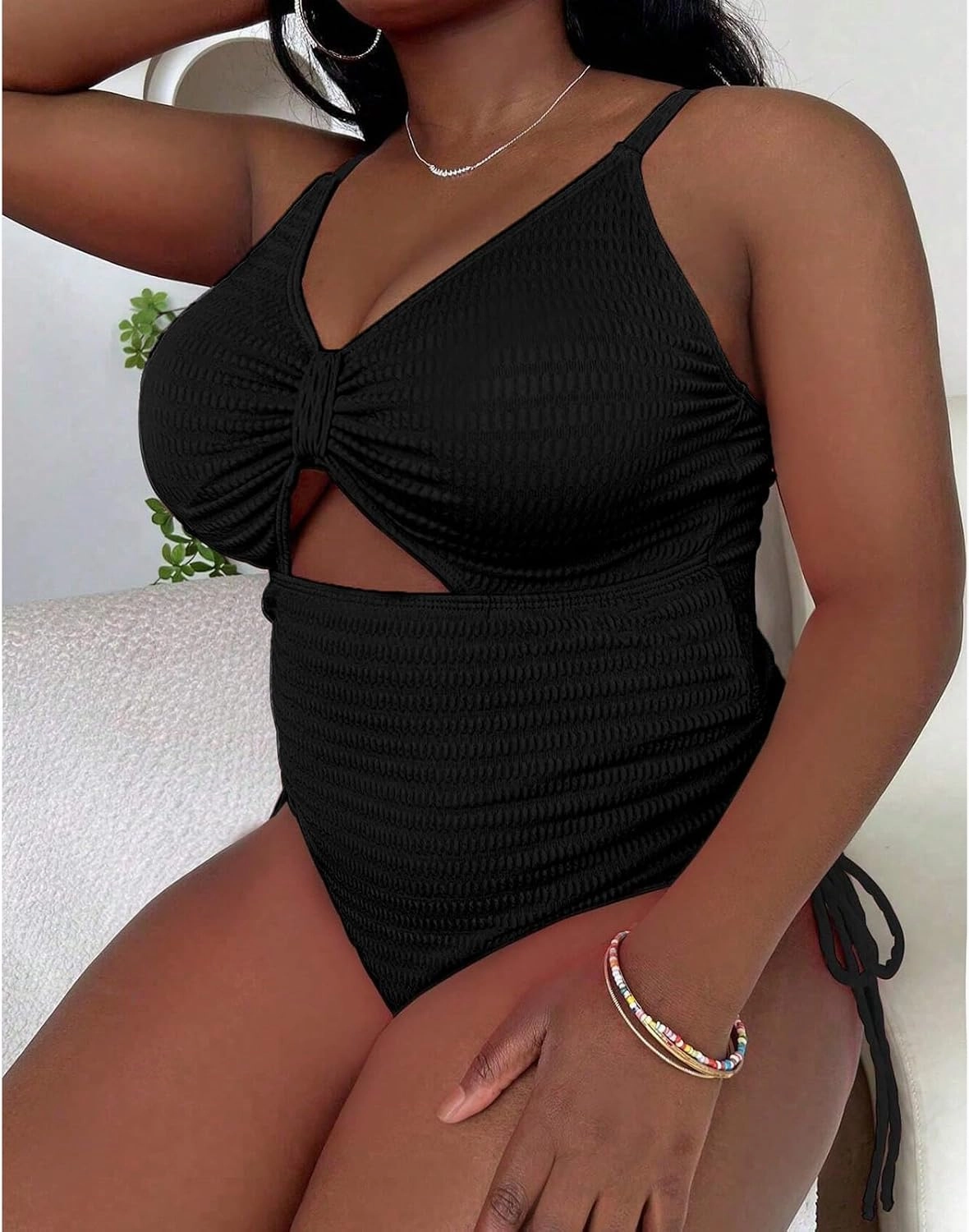 Women' s Plus Size Bikini High Waisted One Piece Swimsuits Ribbed Tummy Control Cutout Bathing Suits Ruched V Neck