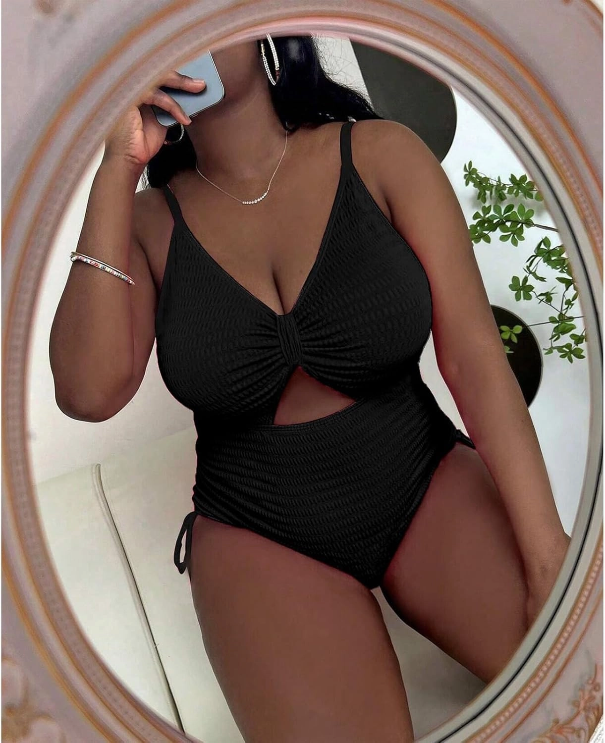 Women' s Plus Size Bikini High Waisted One Piece Swimsuits Ribbed Tummy Control Cutout Bathing Suits Ruched V Neck