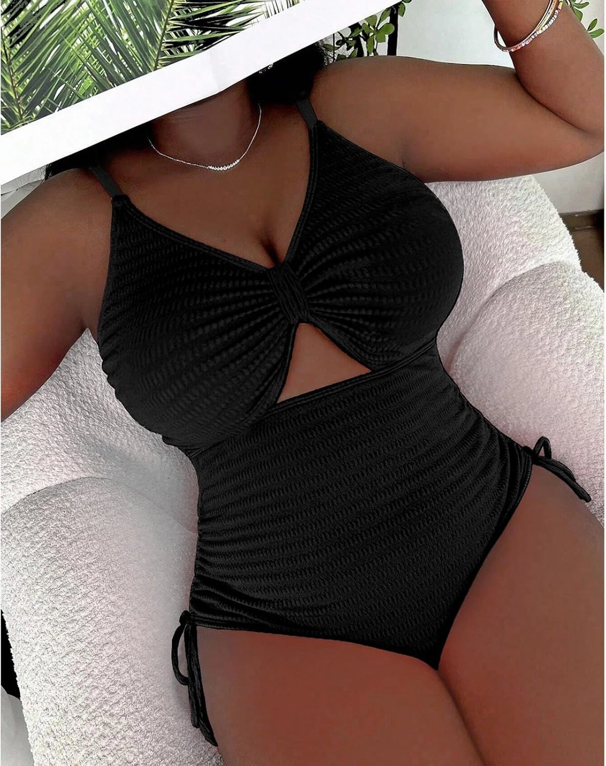 Women' s Plus Size Bikini High Waisted One Piece Swimsuits Ribbed Tummy Control Cutout Bathing Suits Ruched V Neck