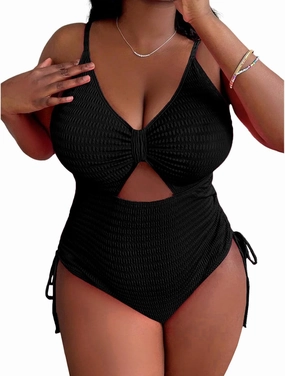 Women' s Plus Size Bikini High Waisted One Piece Swimsuits Ribbed Tummy Control Cutout Bathing Suits Ruched V Neck