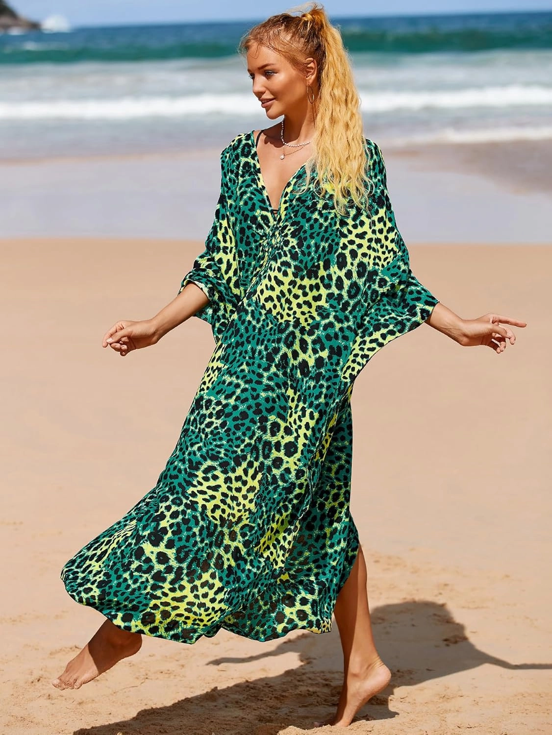 Women Animal Print Kaftan Dresses Plus Size Swimsuit Coverup 2025 Summer Bathing Suit Caftan Loungewear Beach Dress