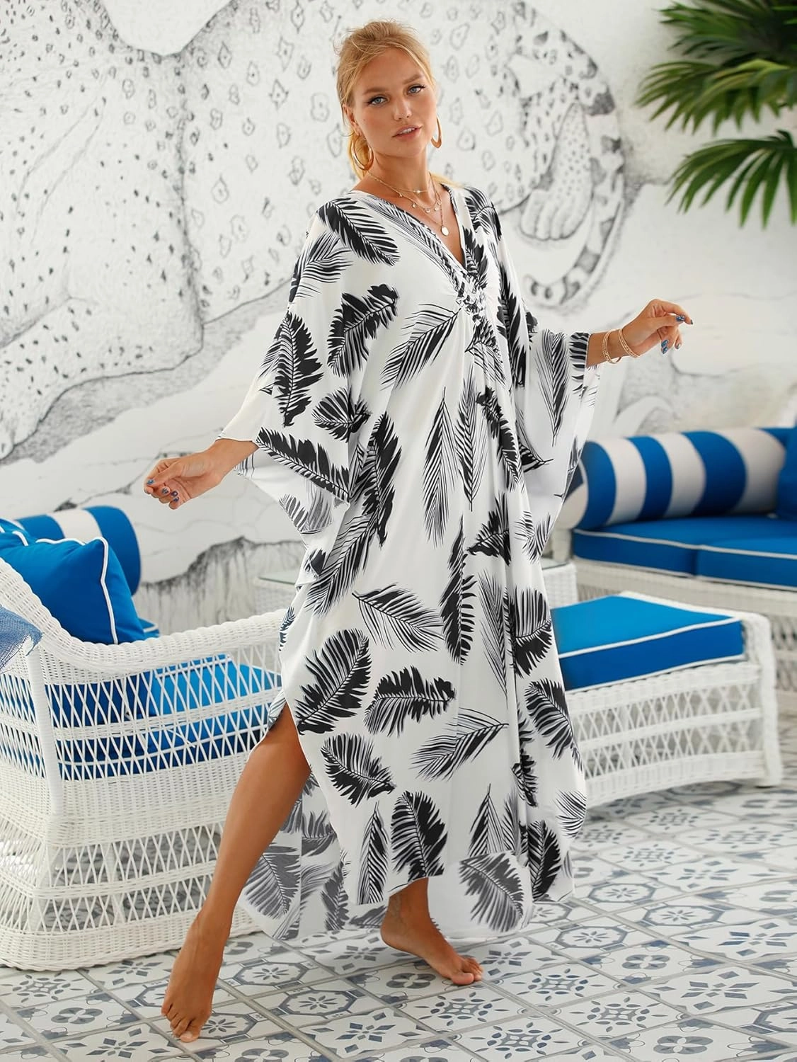 Women Animal Print Kaftan Dresses Plus Size Swimsuit Coverup 2025 Summer Bathing Suit Caftan Loungewear Beach Dress