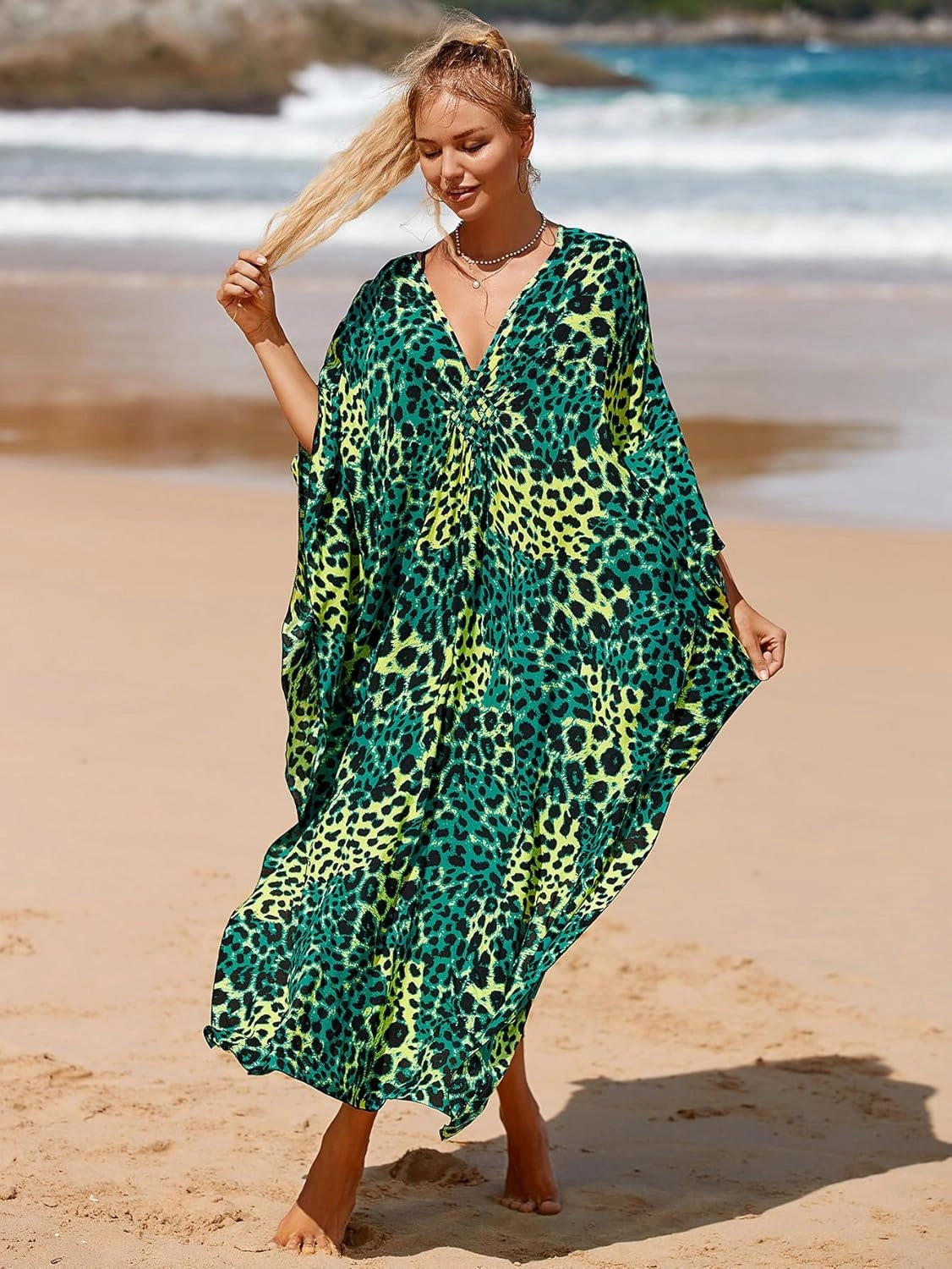 Women Animal Print Kaftan Dresses Plus Size Swimsuit Coverup 2025 Summer Bathing Suit Caftan Loungewear Beach Dress