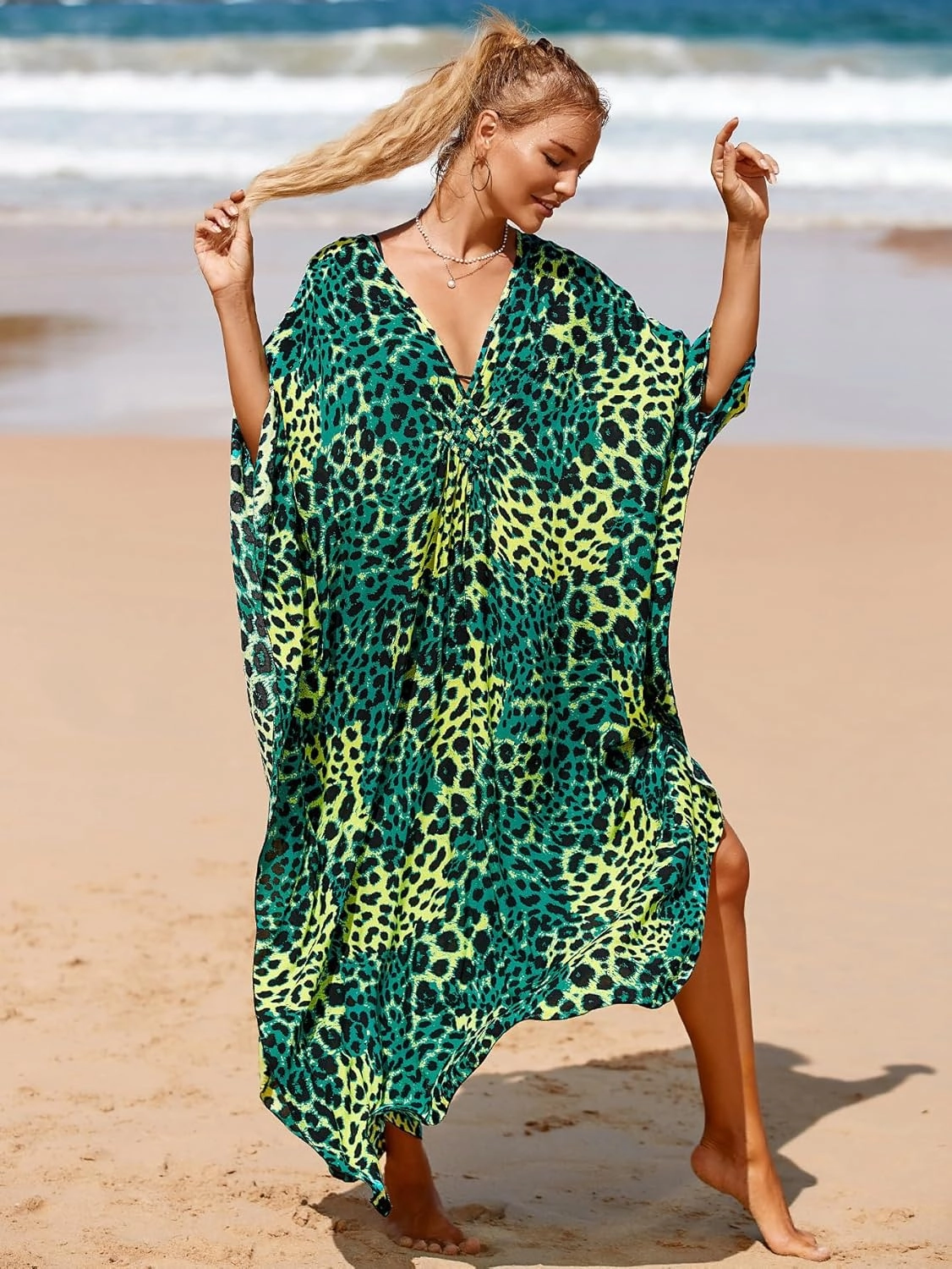 Women Animal Print Kaftan Dresses Plus Size Swimsuit Coverup 2025 Summer Bathing Suit Caftan Loungewear Beach Dress