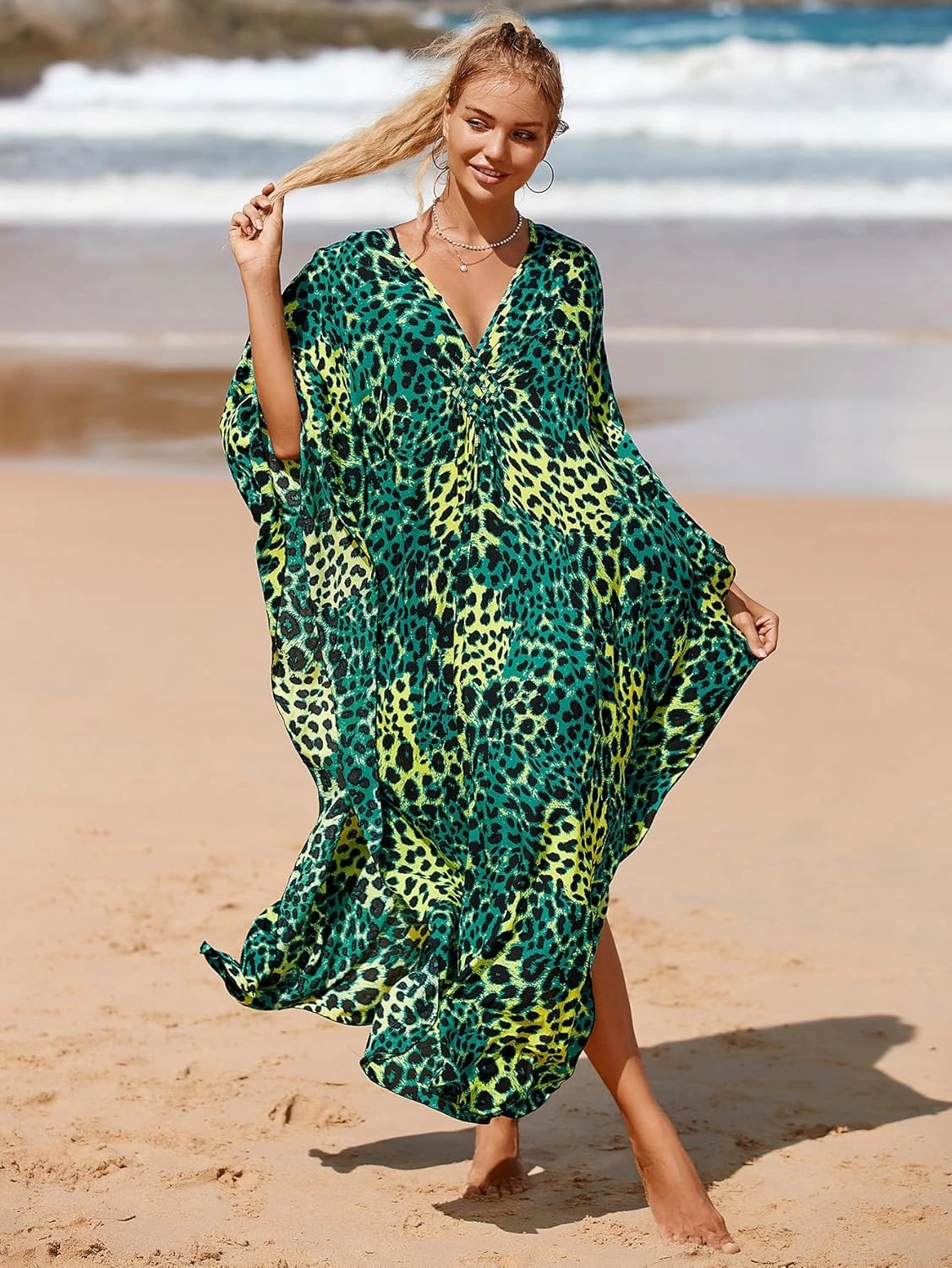 Women Animal Print Kaftan Dresses Plus Size Swimsuit Coverup 2025 Summer Bathing Suit Caftan Loungewear Beach Dress