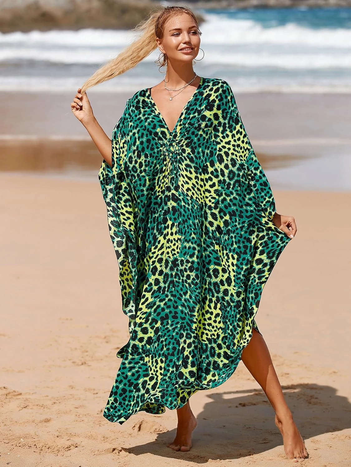 Women Animal Print Kaftan Dresses Plus Size Swimsuit Coverup 2025 Summer Bathing Suit Caftan Loungewear Beach Dress