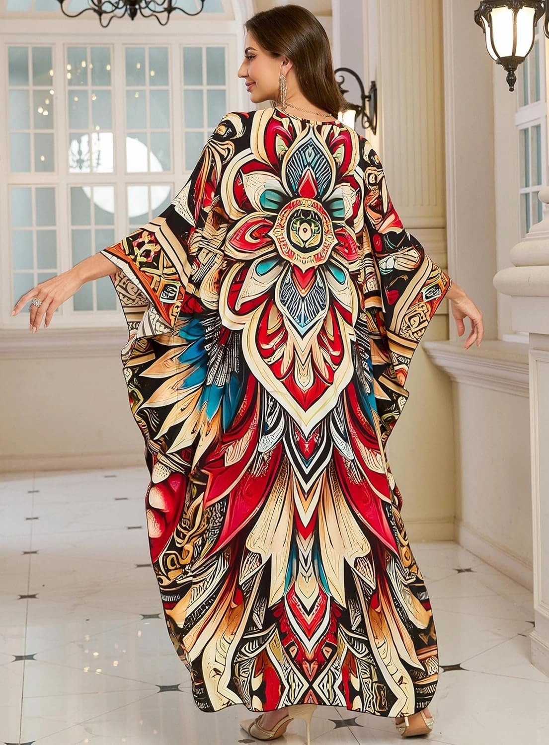 Women Kaftan Dresses Plus Size V-Neck Batwing Sleeves Beach Cover Up 2025 Summer Floral Print Caftan Dress