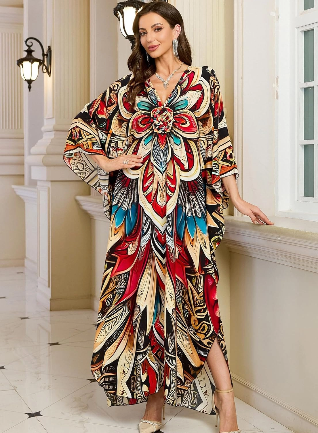 Women Kaftan Dresses Plus Size V-Neck Batwing Sleeves Beach Cover Up 2025 Summer Floral Print Caftan Dress