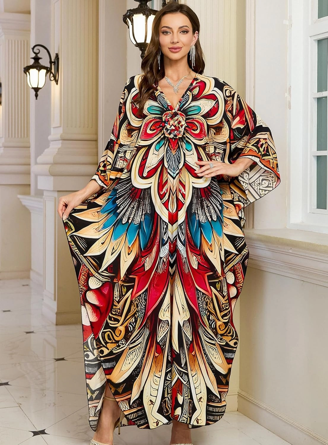 Women Kaftan Dresses Plus Size V-Neck Batwing Sleeves Beach Cover Up 2025 Summer Floral Print Caftan Dress