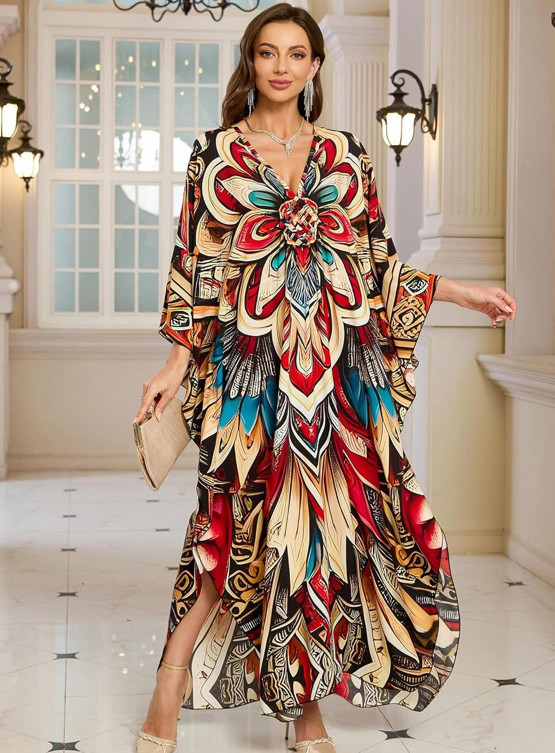 Women Kaftan Dresses Plus Size V-Neck Batwing Sleeves Beach Cover Up 2025 Summer Floral Print Caftan Dress