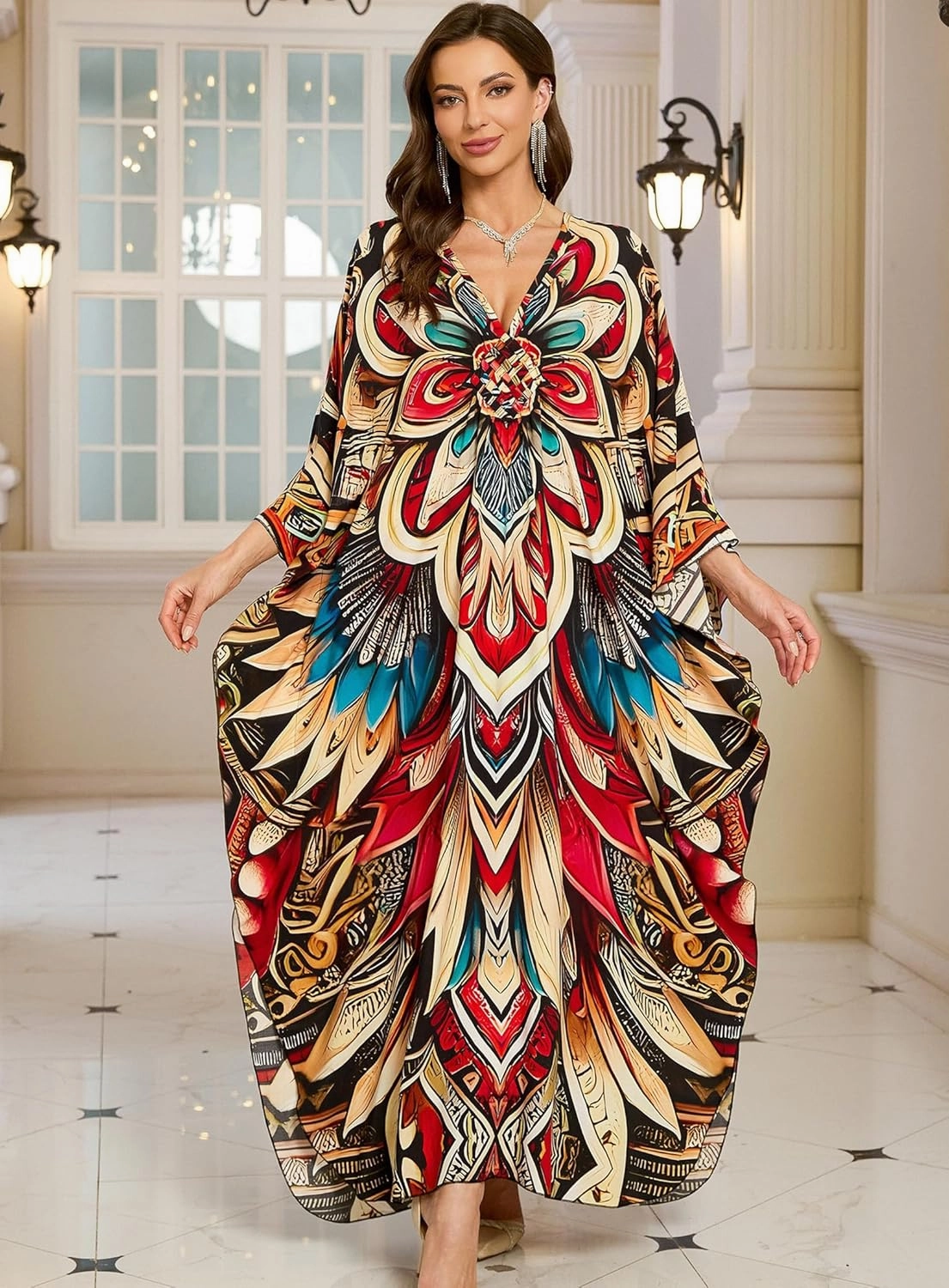 Women Kaftan Dresses Plus Size V-Neck Batwing Sleeves Beach Cover Up 2025 Summer Floral Print Caftan Dress