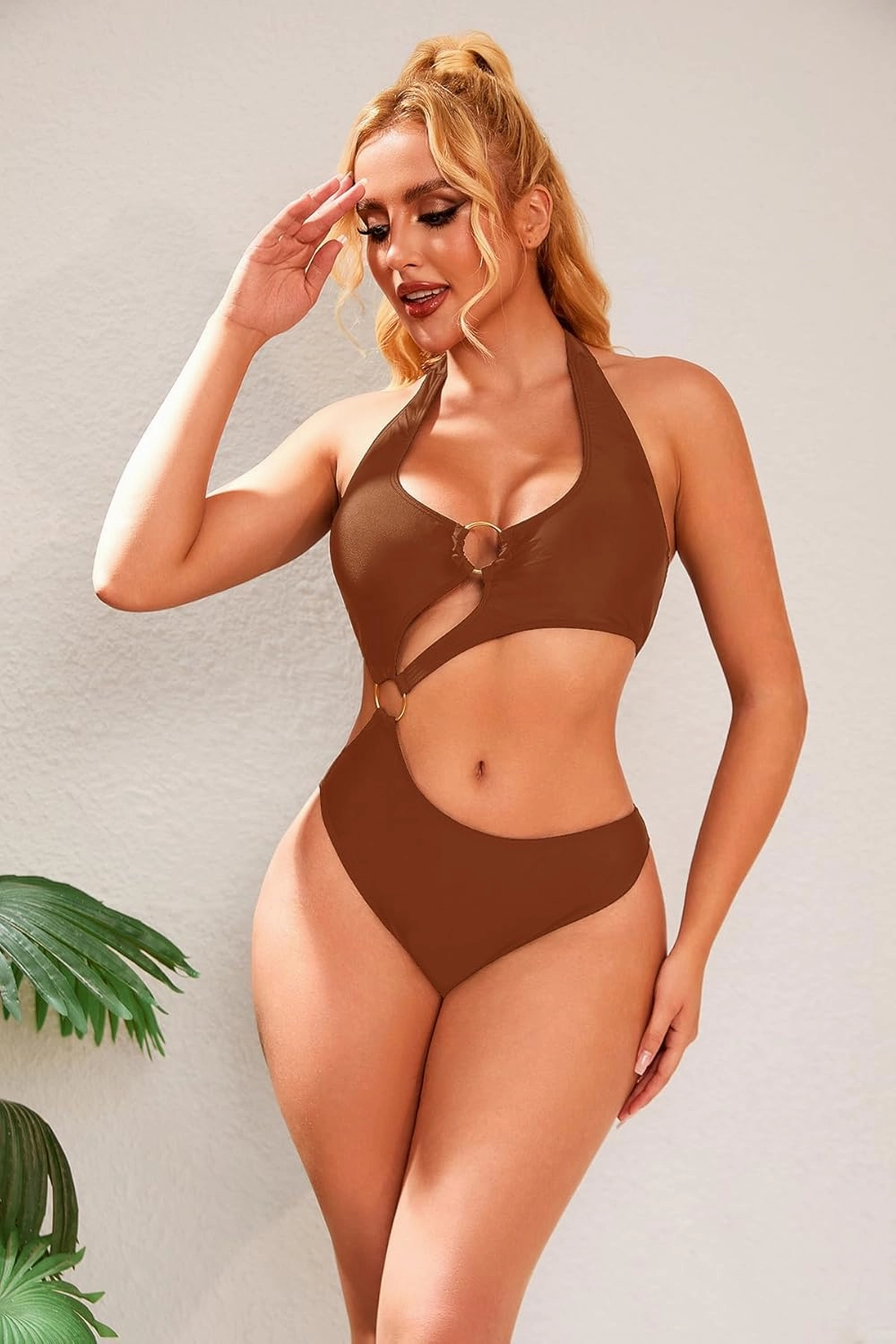 Women One Piece Swimsuit Slimming Cutout Fashoin Swimwear Metal Ring Bathing Suit Female Beachwear