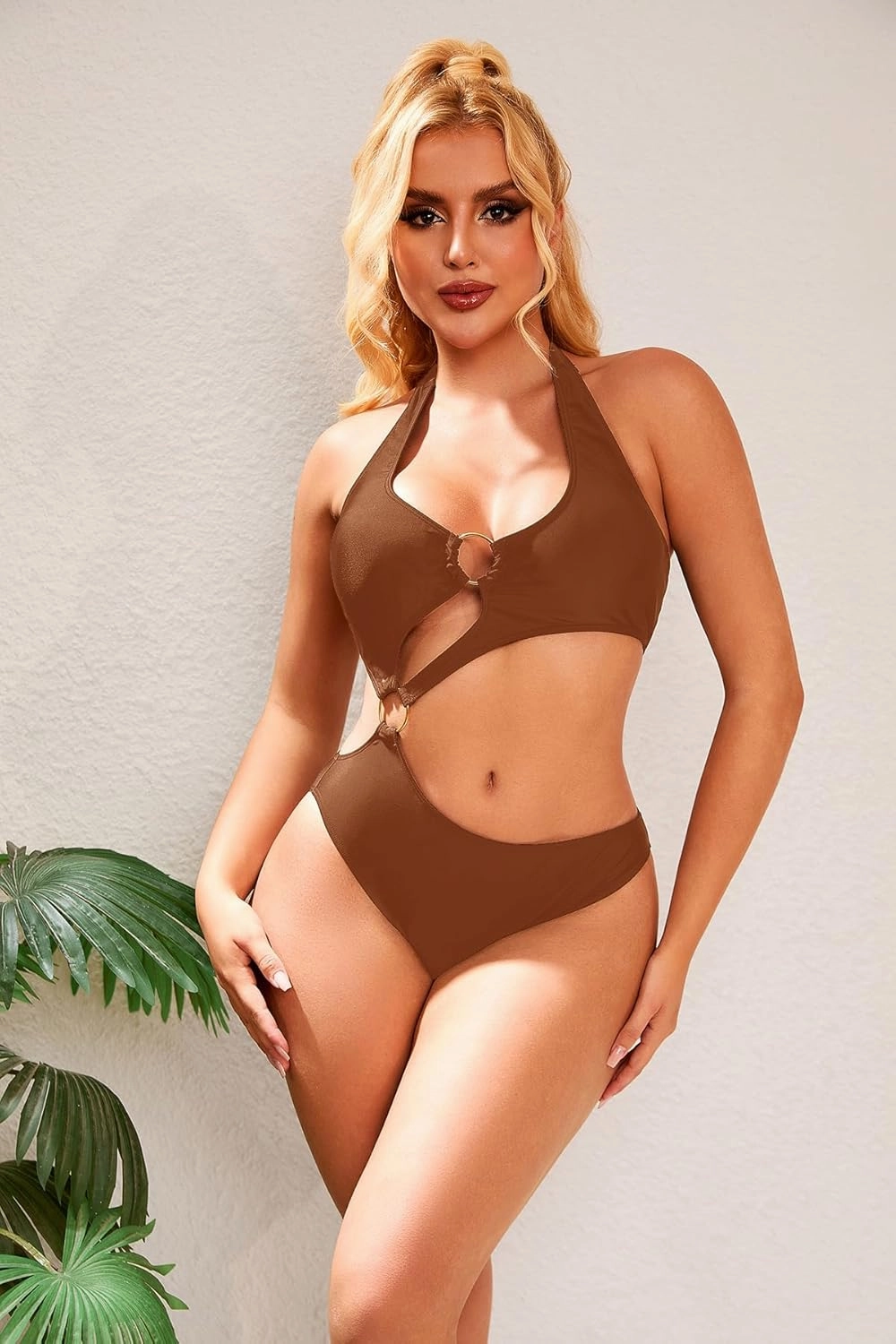 Women One Piece Swimsuit Slimming Cutout Fashoin Swimwear Metal Ring Bathing Suit Female Beachwear