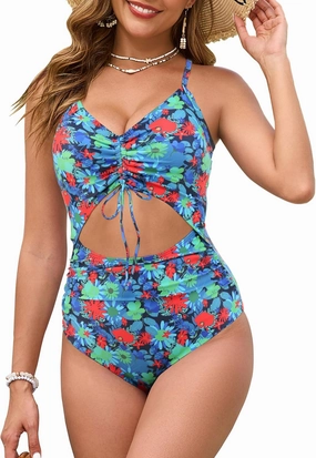 Women One Piece Swimsuits Tummy Control V Neck Cutout Ruched Drawstring Bathing Suit Wrap Tie Back Swimwear