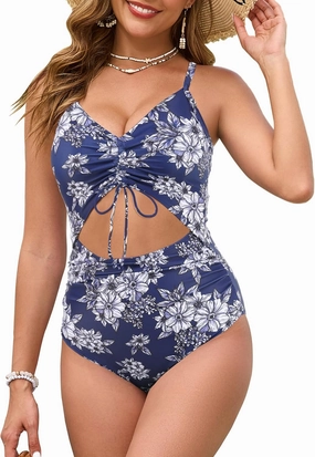 Women One Piece Swimsuits Tummy Control V Neck Cutout Ruched Drawstring Bathing Suit Wrap Tie Back Swimwear