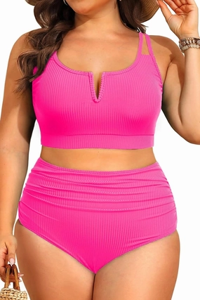 Women Plus Size High Waisted Bikini - Ribbed Two Piece Swimsuit Tummy Control Bathing Suit V-Wired 2025 Swimwear