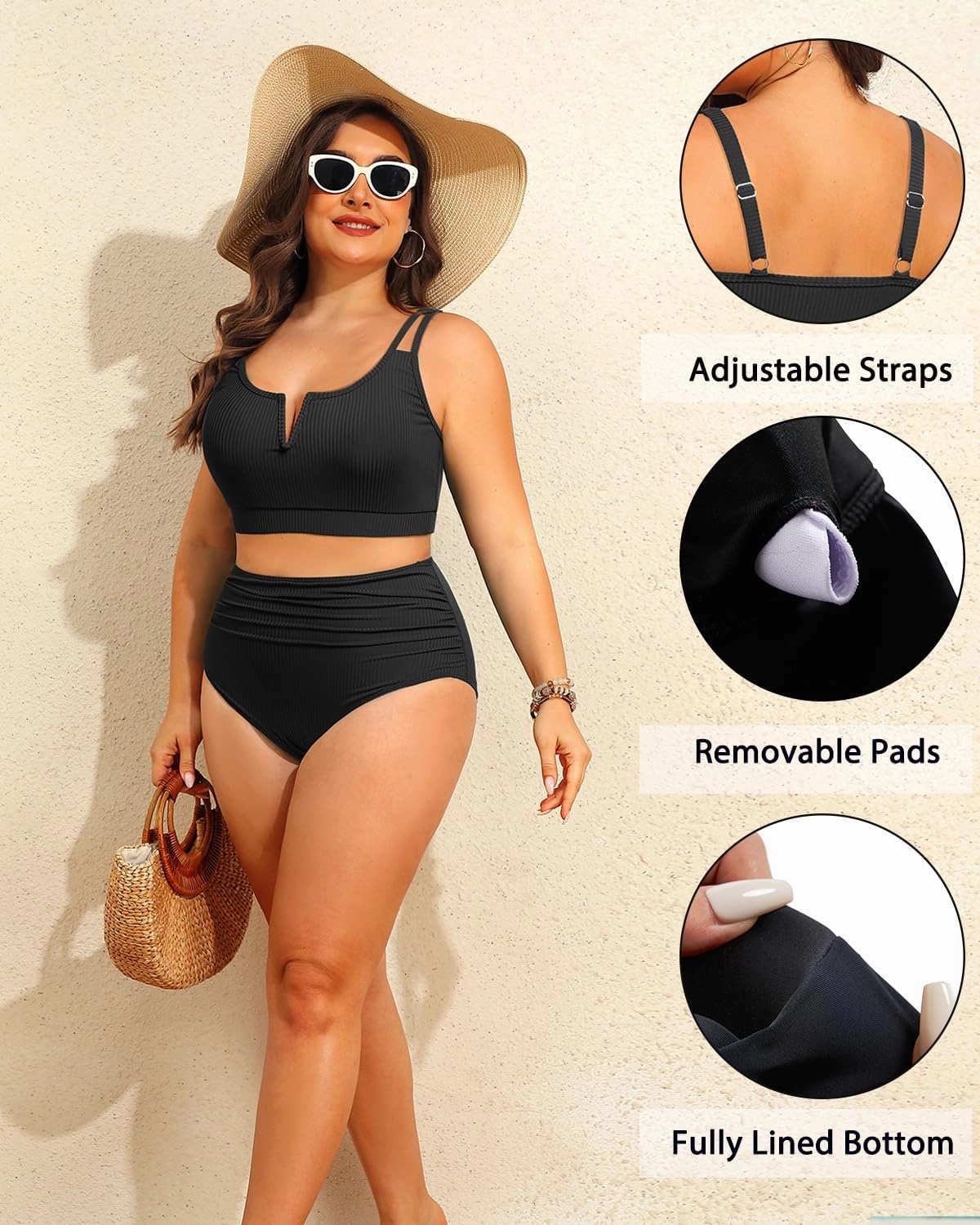 Women Plus Size High Waisted Bikini - Ribbed Two Piece Swimsuit Tummy Control Bathing Suit V-Wired 2025 Swimwear