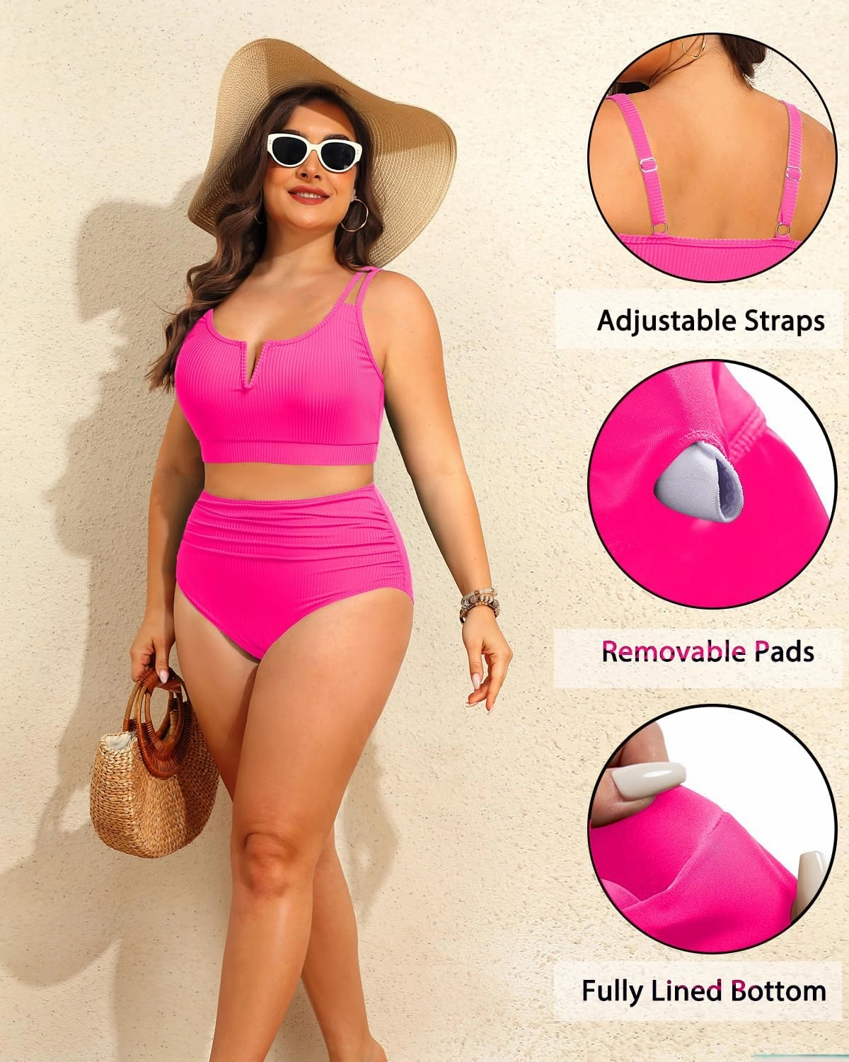 Women Plus Size High Waisted Bikini - Ribbed Two Piece Swimsuit Tummy Control Bathing Suit V-Wired 2025 Swimwear