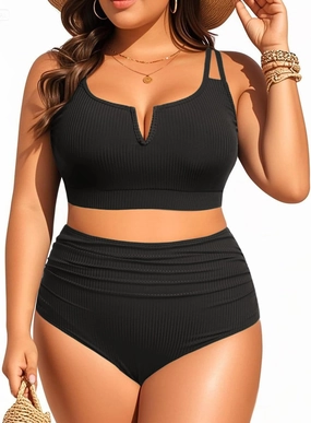 Women Plus Size High Waisted Bikini - Ribbed Two Piece Swimsuit Tummy Control Bathing Suit V-Wired 2025 Swimwear