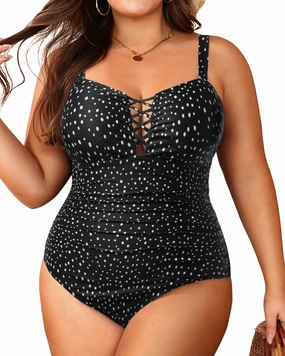 Women Plus Size One Piece Swimsuit - Tummy Control Bathing Suits Ruched Lace up Swimwear Bandeau Retro Swimsuits 2025