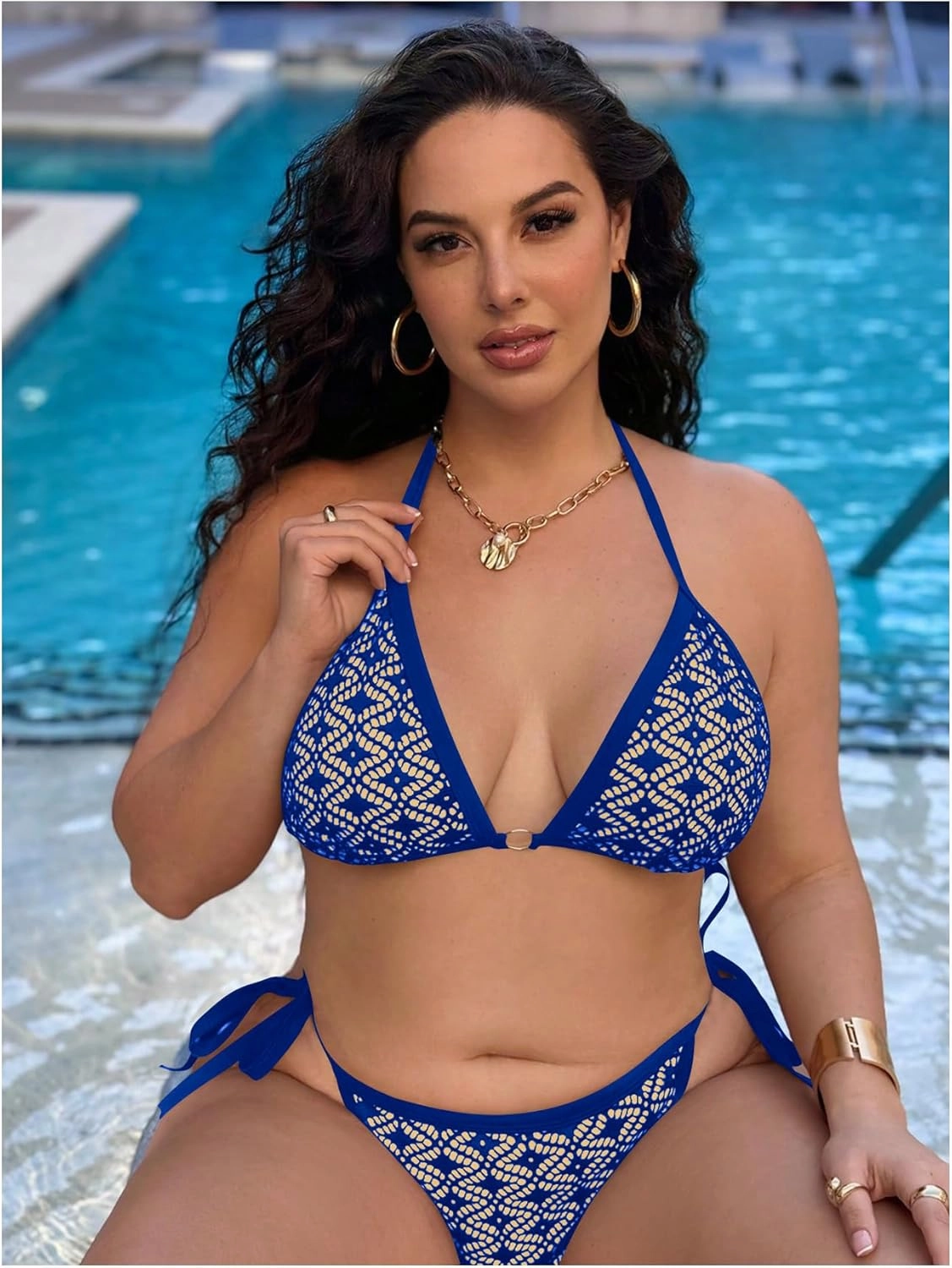 Women Plus Size Thong Bikini Sets String Two Piece Halter Swimsuits with Tie Side Bottom