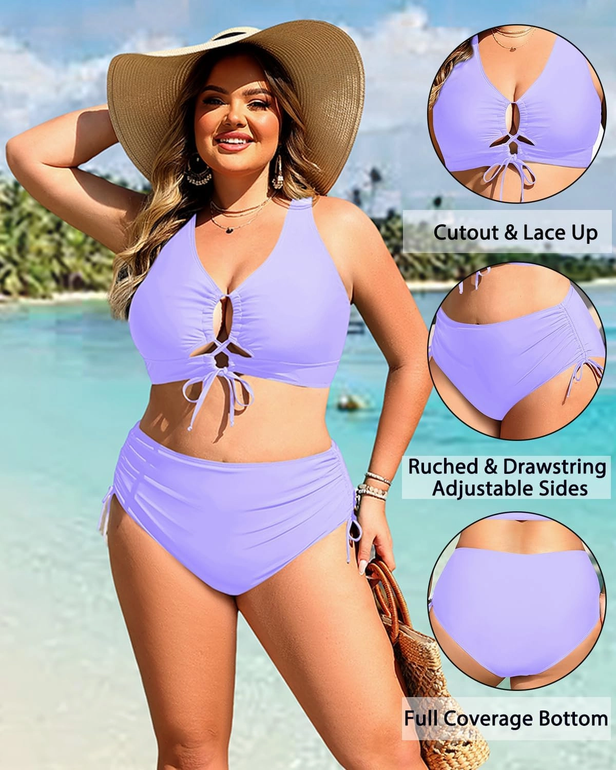 Women Plus Size Two Piece Swimsuit - Tummy Control Bikini Sexy Lace Up Bathing Suits Cutout Swimwear 2025