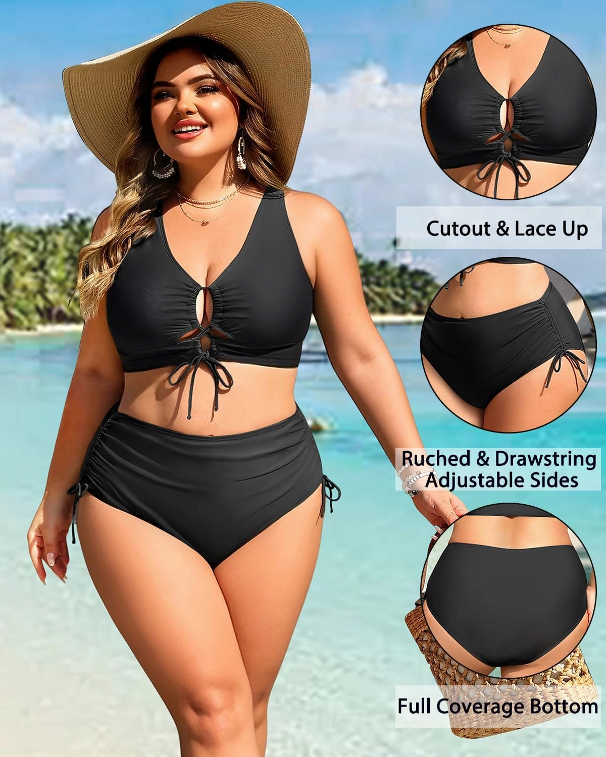 Women Plus Size Two Piece Swimsuit - Tummy Control Bikini Sexy Lace Up Bathing Suits Cutout Swimwear 2025