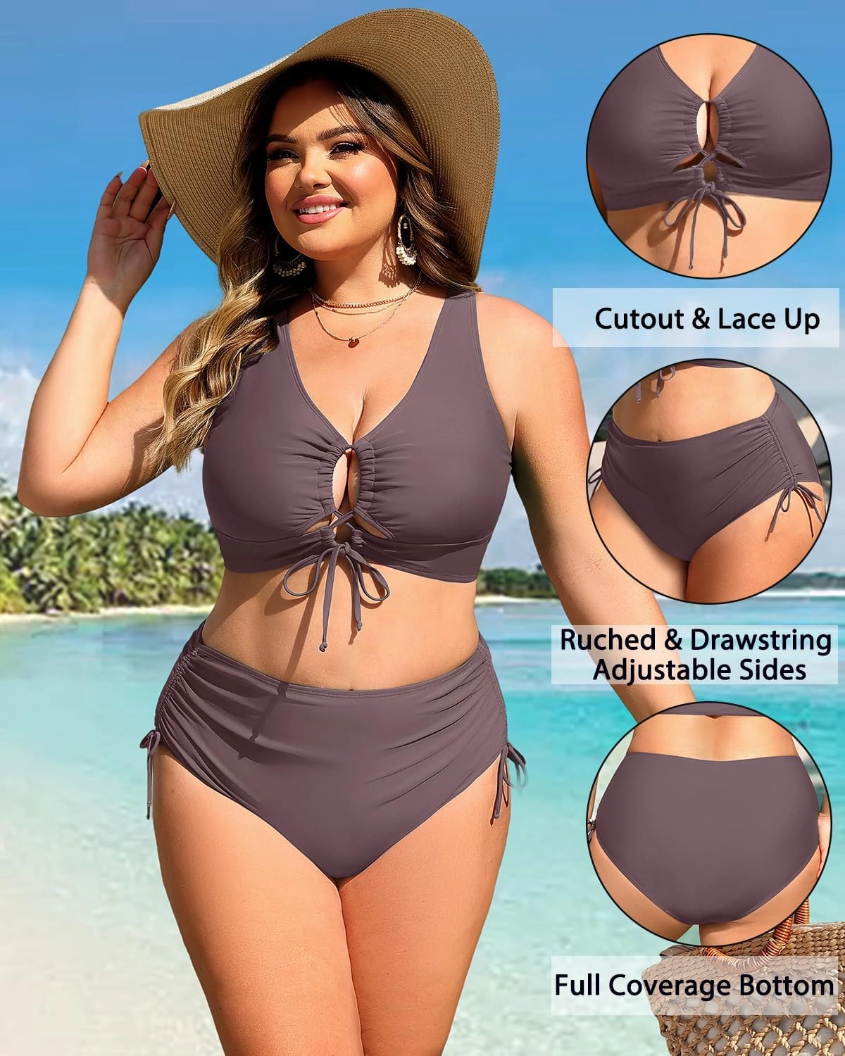 Women Plus Size Two Piece Swimsuit - Tummy Control Bikini Sexy Lace Up Bathing Suits Cutout Swimwear 2025