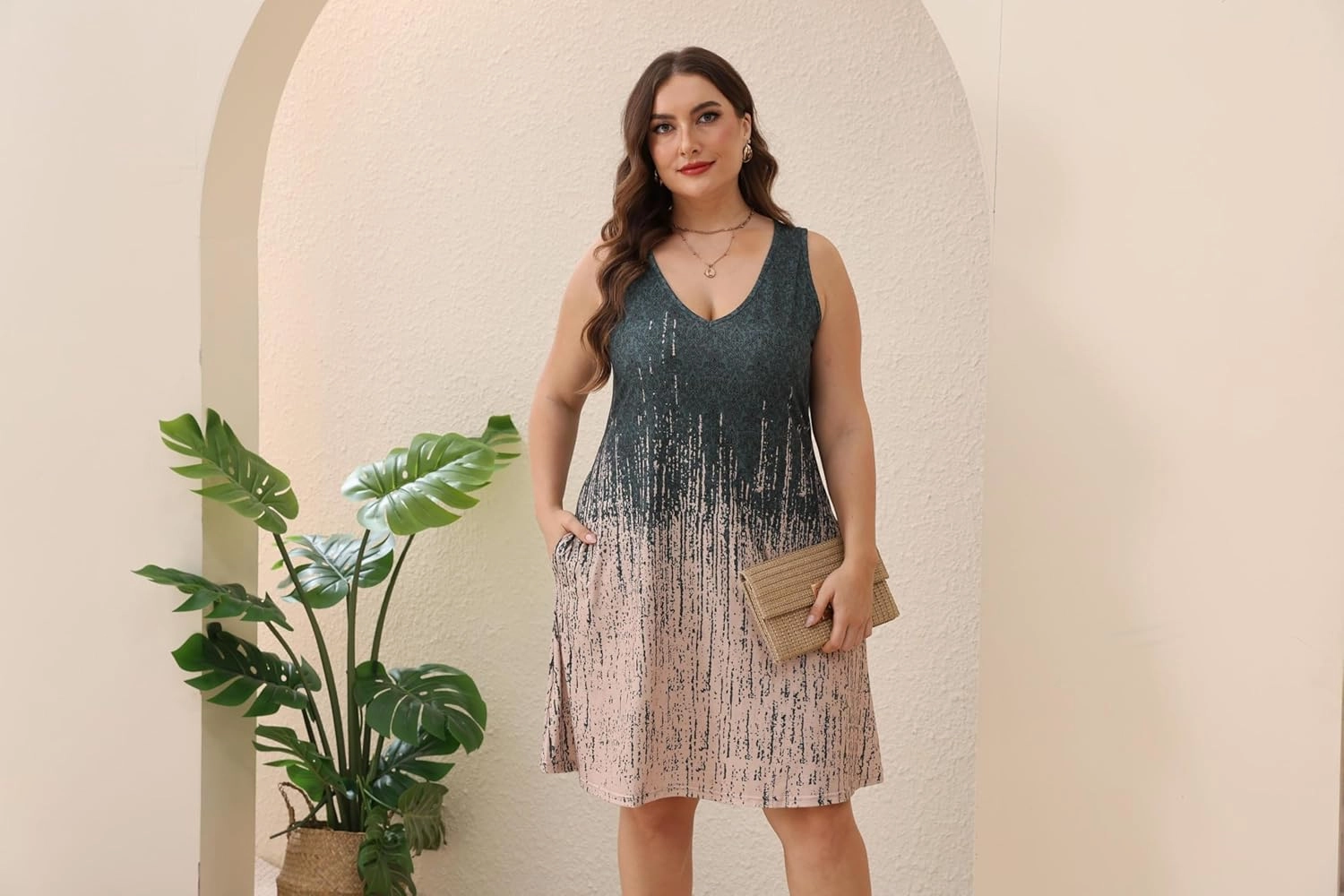 Women Plus Size V Neck Sleeveless Floral Print Pocket T Shirt Dresses Casual Midi Tank Dress Beach Cover up Sundress (XL-5X)