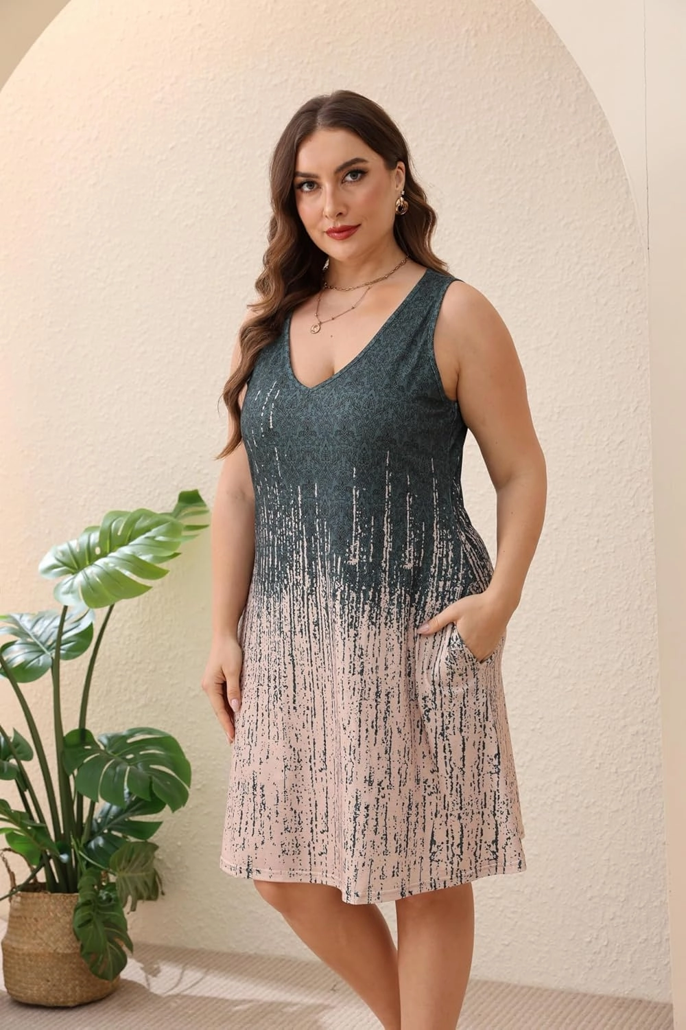 Women Plus Size V Neck Sleeveless Floral Print Pocket T Shirt Dresses Casual Midi Tank Dress Beach Cover up Sundress (XL-5X)