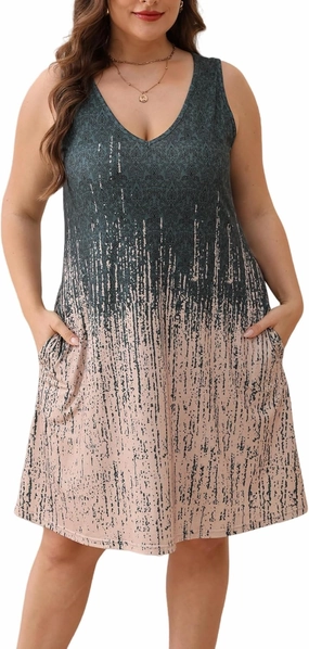 Women Plus Size V Neck Sleeveless Floral Print Pocket T Shirt Dresses Casual Midi Tank Dress Beach Cover up Sundress (XL-5X)