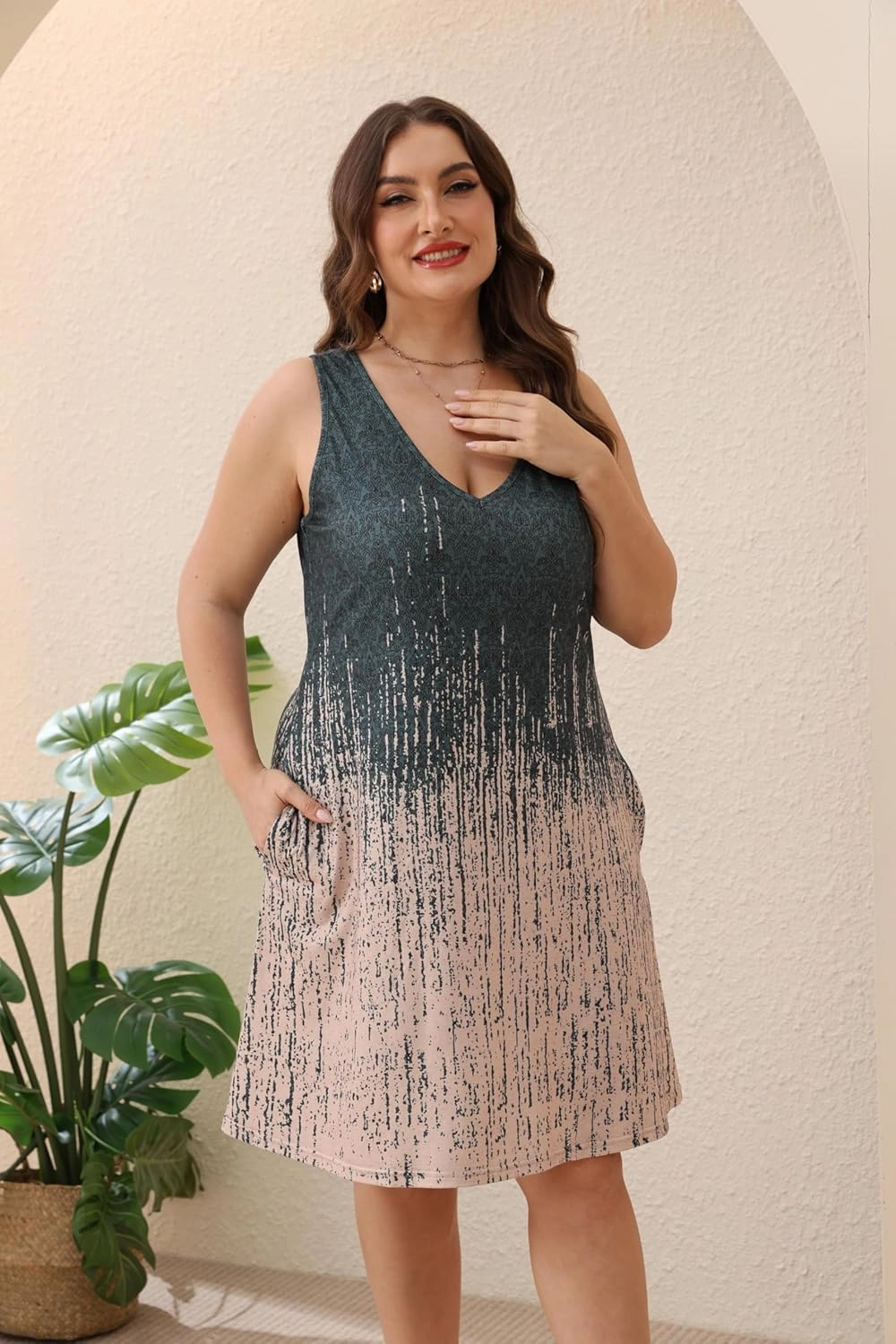 Women Plus Size V Neck Sleeveless Floral Print Pocket T Shirt Dresses Casual Midi Tank Dress Beach Cover up Sundress (XL-5X)