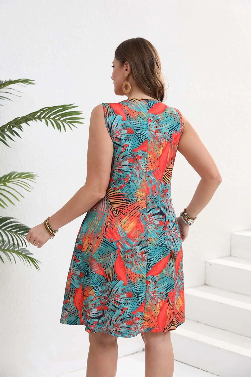 Women Plus Size V Neck Sleeveless Floral Print Pocket T Shirt Dresses Casual Midi Tank Dress Beach Cover up Sundress (XL-5X)