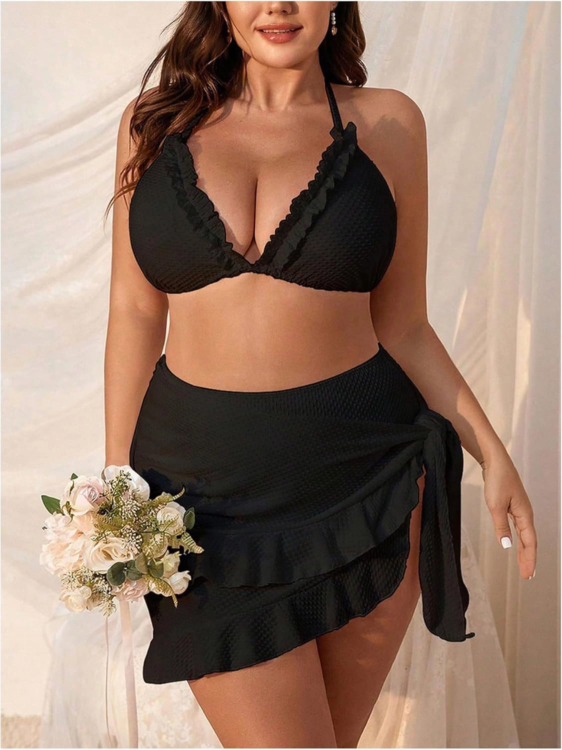 Women's 3 Piece Plus Size Lettuce Trim Bikini Halter Tie Side Triangle Set with Beach Skirt High Cut Bikini Swimsuit