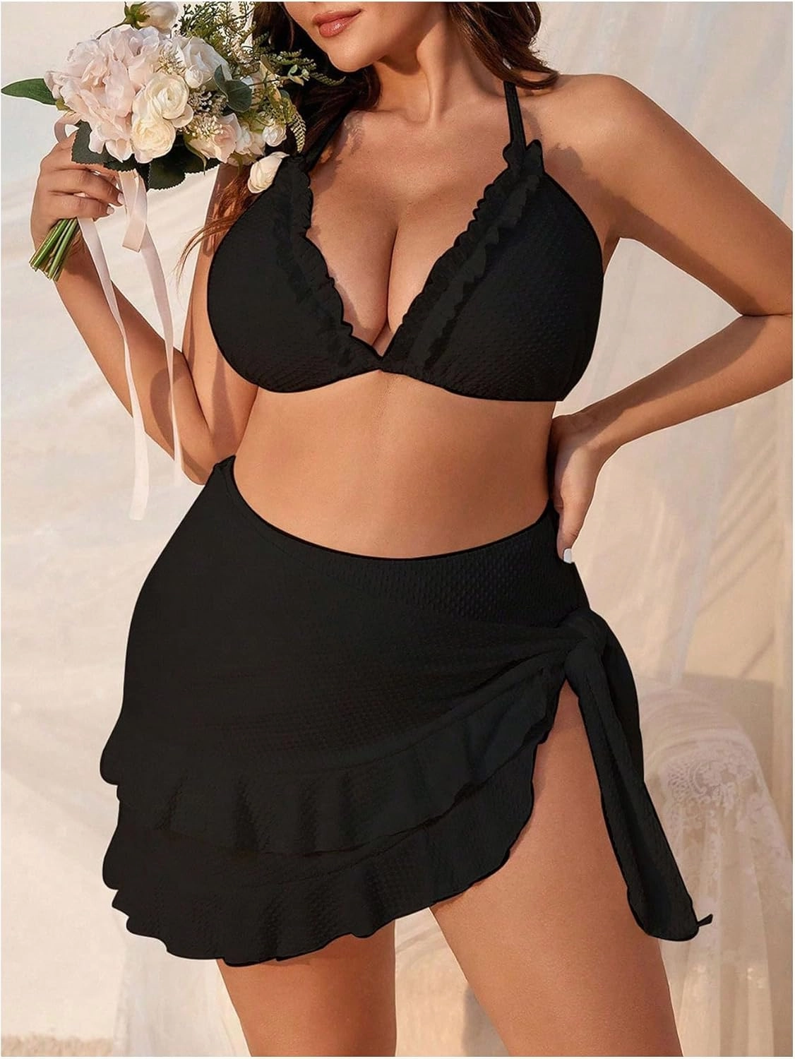 Women's 3 Piece Plus Size Lettuce Trim Bikini Halter Tie Side Triangle Set with Beach Skirt High Cut Bikini Swimsuit