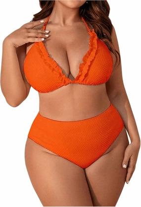 Women's 3 Piece Plus Size Lettuce Trim Bikini Halter Tie Side Triangle Set with Beach Skirt High Cut Bikini Swimsuit