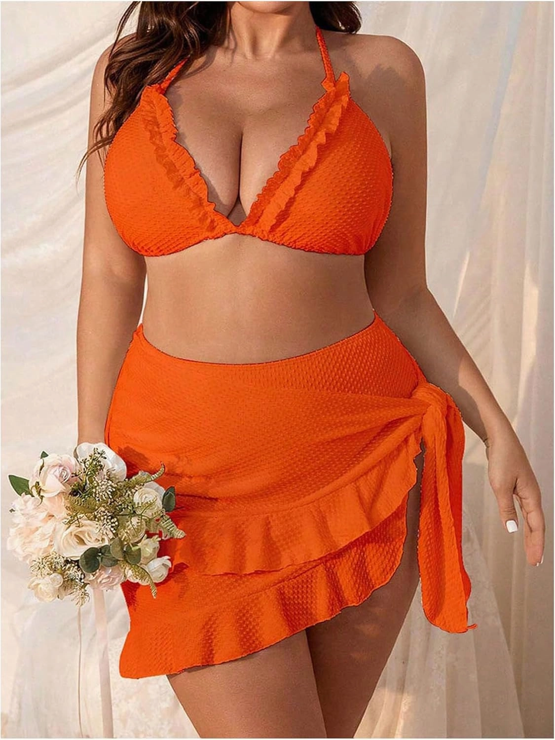 Women's 3 Piece Plus Size Lettuce Trim Bikini Halter Tie Side Triangle Set with Beach Skirt High Cut Bikini Swimsuit