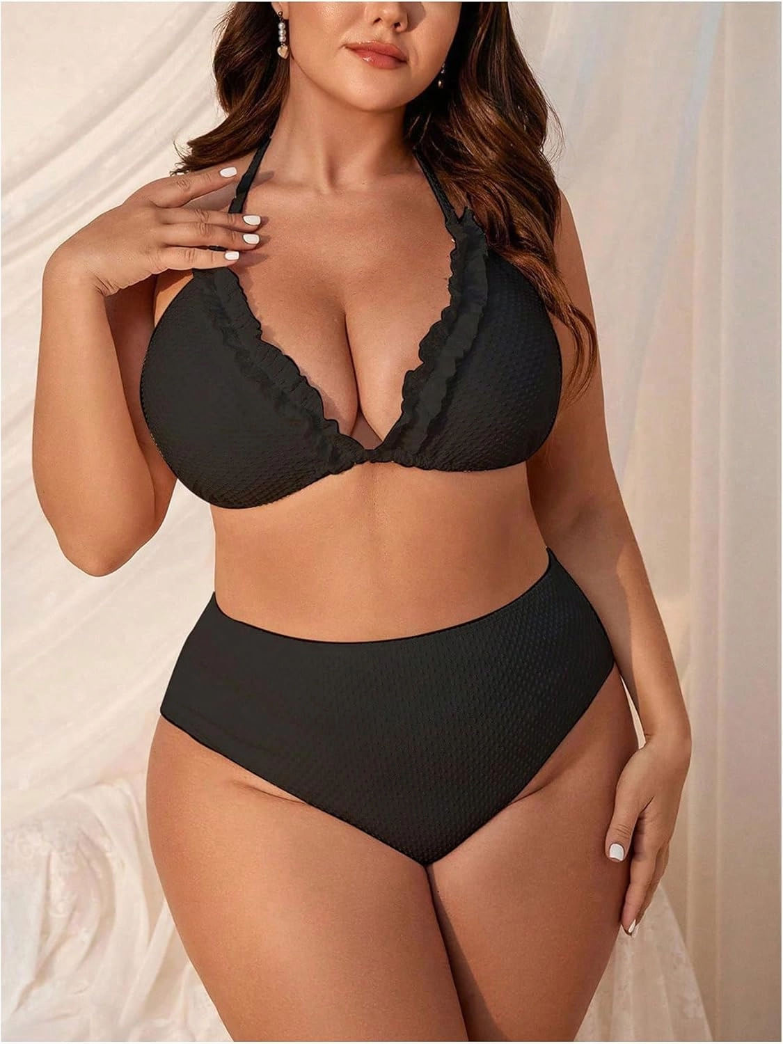 Women's 3 Piece Plus Size Lettuce Trim Bikini Halter Tie Side Triangle Set with Beach Skirt High Cut Bikini Swimsuit