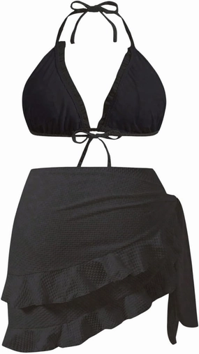Women's 3 Piece Plus Size Lettuce Trim Bikini Halter Tie Side Triangle Set with Beach Skirt High Cut Bikini Swimsuit